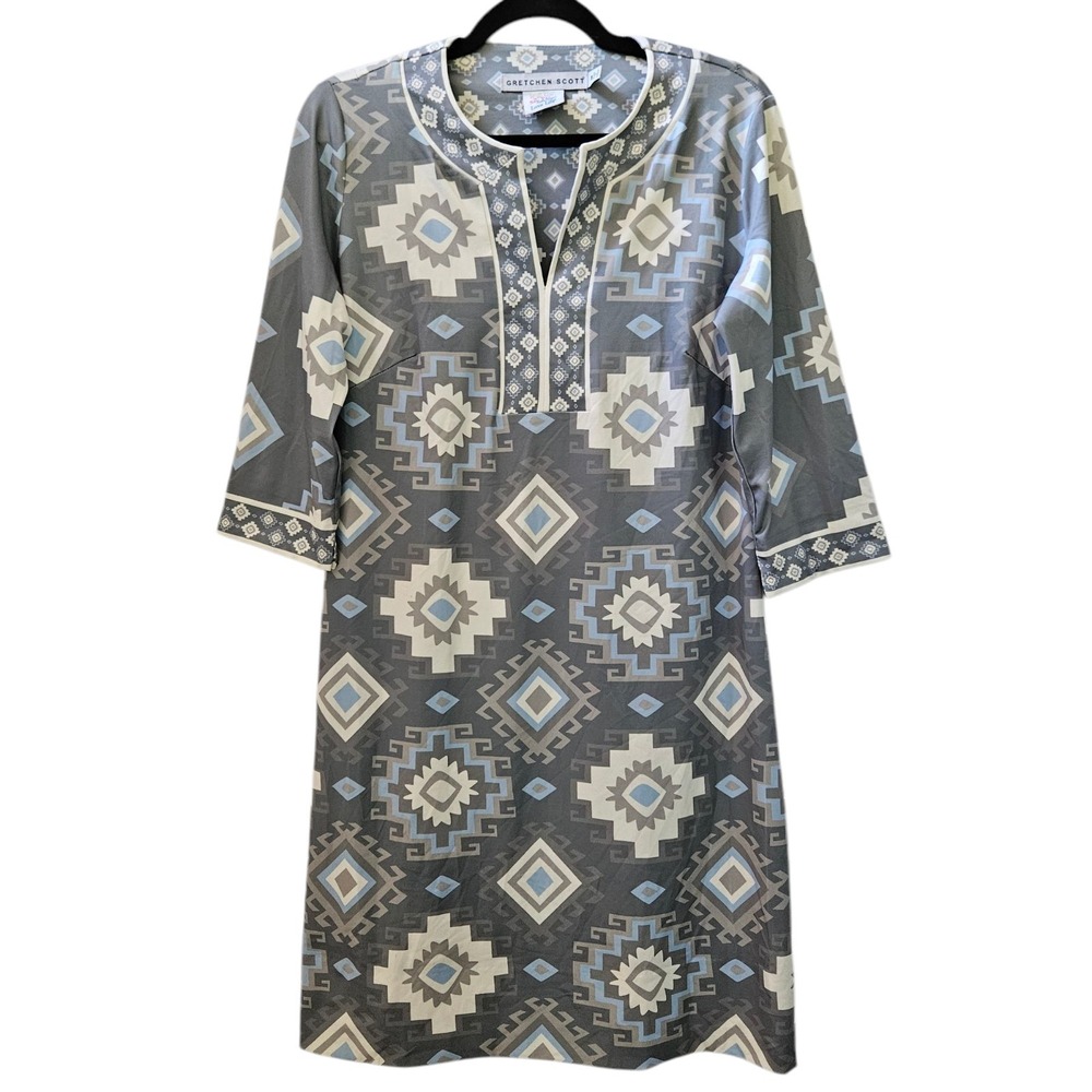 GRETCHEN‎ SCOTT Dress M Grey Y-Neck Jersey Aztec AOP Southwestern Stretch Travel